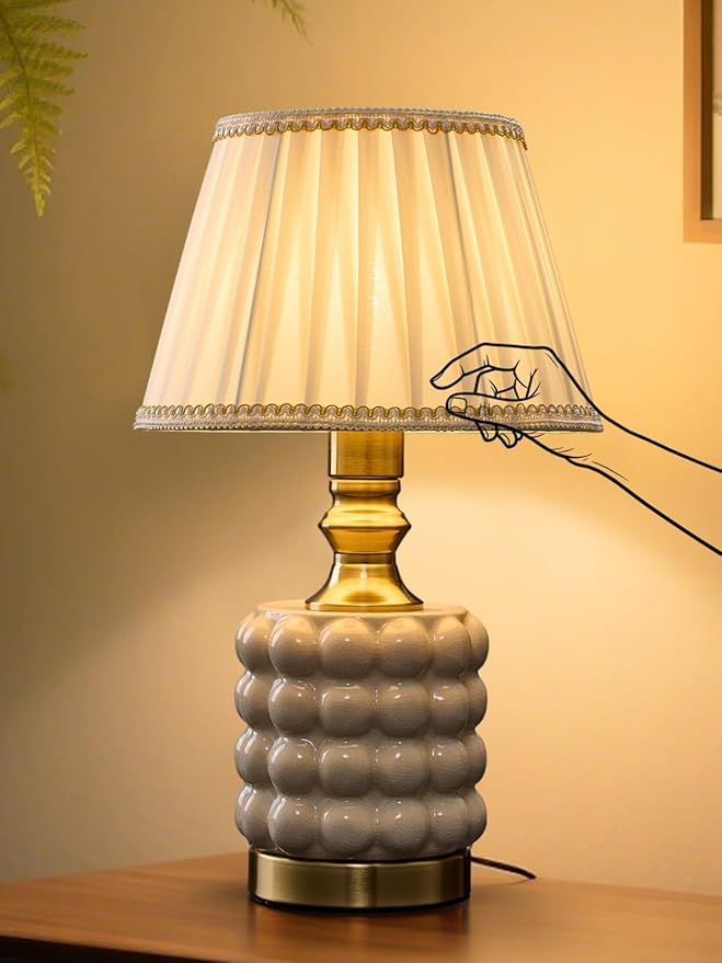 Vintage Lamp for Bedroom,Unique Lamps Cracked Ceramic lamp,UL Rotary Switch Control Pleated lamp Shade,Small Table lamp for Living Room Decor Kitchen Lighting (White+Pleated)