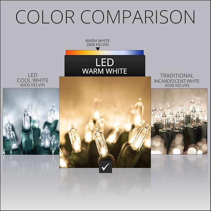 50 Cool White Christmas Tree Lights T5 LED, 25.5 ft Green Wire Indoor/Outdoor Commercial Grade Mini String, Holiday and Party Lighting
