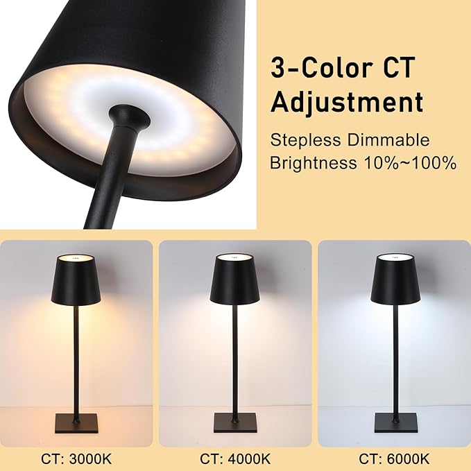 COSYLUX Portable Cordless Small Table lamp, Color & Brightness Dimmable Night Light with Touch Sensor, Rechargeable Battery Operated LED Nightstand Lamp for Bedroom Bedside, Black