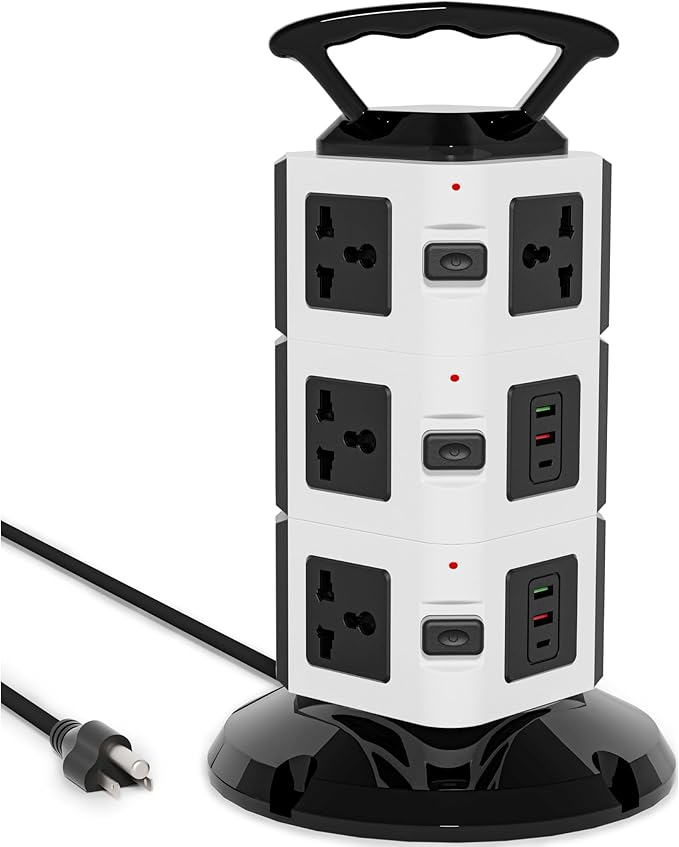 Power Strip Tower with 10 Outlets, 4 USB-A & 2 USB-C Ports, 1875W/15A Heavy Duty Charging Station for Multiple Devices, Plug Tower with 6ft Extension Cord, for Home, Office, Dorm