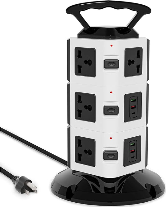 Power Strip Tower with 10 Outlets, 4 USB-A & 2 USB-C Ports, 1875W/15A Heavy Duty Charging Station for Multiple Devices, Plug Tower with 6ft Extension Cord, for Home, Office, Dorm