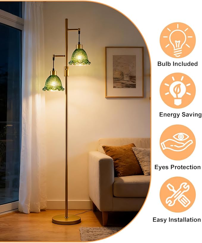65IN Glass Floor Lamp, 2-Light Gold Tall Standing Lamps Dimmable with Green Glass Lampshade, 3000K Warmwhite Mid Century Modern Floor Lamp for Living Room/Bedroom/Sofa Beside/Home Decor