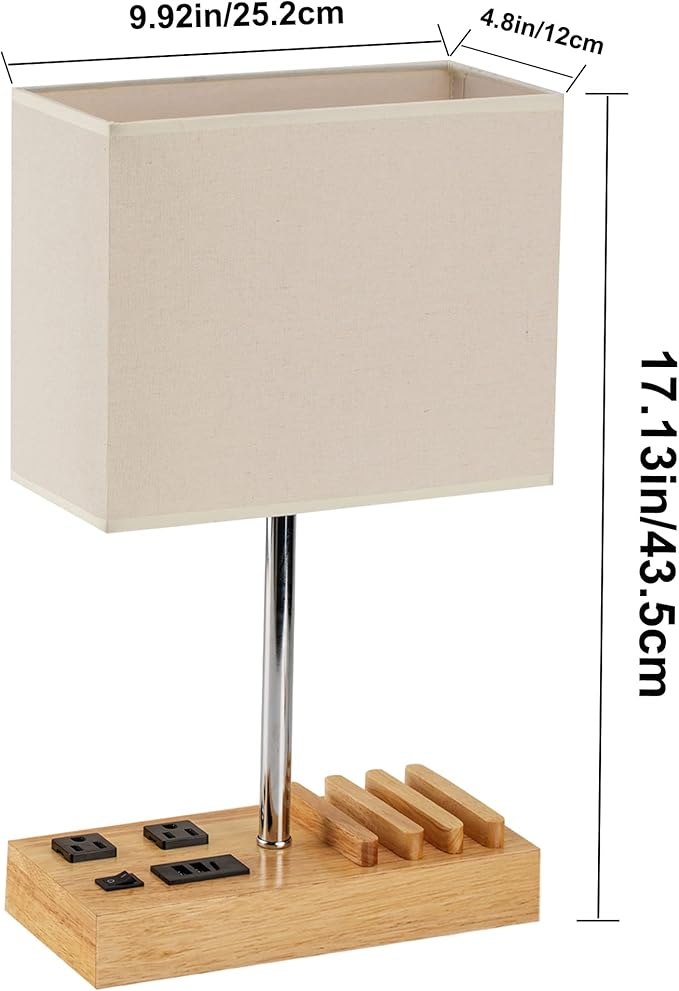 Dreamholder Desk Lamp with 3 USB Charging Ports, Table Lamp with 2AC Outlets and 3 Phone Stands, Nightstand Bedside Lamp with Natural Wooden Base and Cream Linen Shade