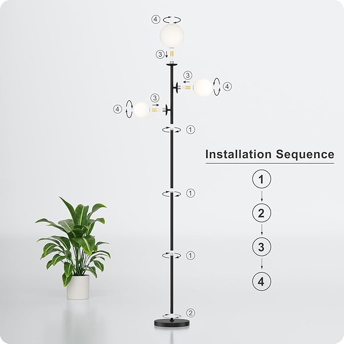 Floor lamp with 3 Frosted Glass Shades,Stangding Lamp Floor Lamps for Living Room Bedroom Office with 3 led Bulbs,Tall lamp with Foot Switch (Black)