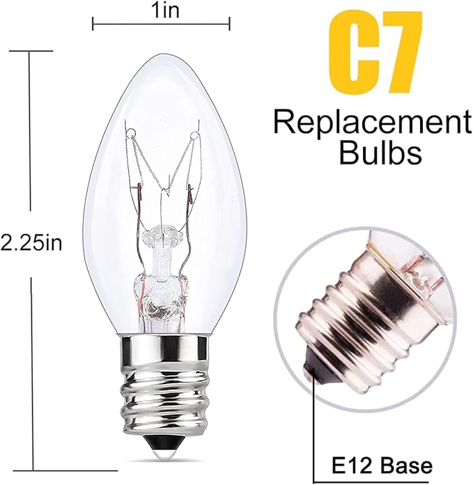 25 Pack C7 Clear Replacement Bulbs, C7 Christmas Light Bulbs for Indoor Outdoor Christmas String Lights, C7/E12 Candelabra Base Night Light Bulbs, 5 Watt Clear Light