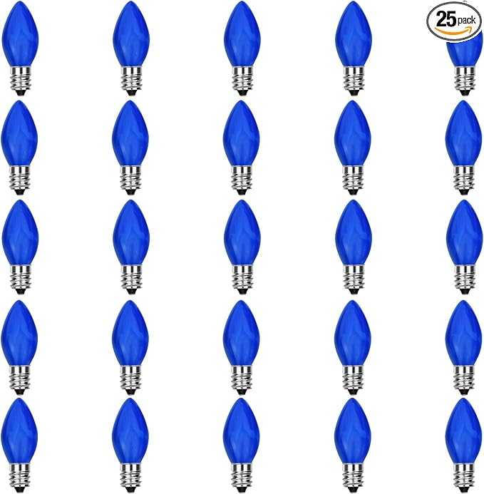 25 Pack C7 LED Blue Replacement Light Bulbs, C7 Vintage Blue Ceramic LED Bulbs for Christmas Outdoor String Lights, E12 Candelabra Base, 0.6 Watt, Saving Energy LED Bulbs