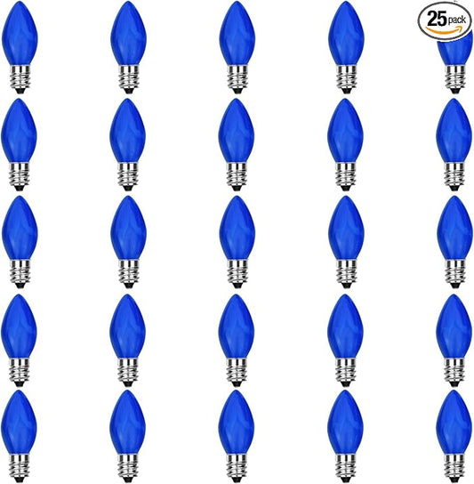 25 Pack C7 LED Blue Replacement Light Bulbs, C7 Vintage Blue Ceramic LED Bulbs for Christmas Outdoor String Lights, E12 Candelabra Base, 0.6 Watt, Saving Energy LED Bulbs