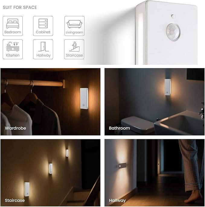 LED Backlit Motion Sensor Night Light, Rechargeable Night Light, Mini Stick-On Night Lights, Soft Two-Sided Glow, Magnetic, 3-Color Adjustable, for Bedroom, Toilet, Hallway & Cabinet (ABS *1pack)