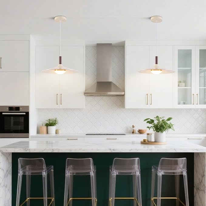 Farmhouse White Pendant Light, LED Base Dome Dimmable Pendant Light Indoor, Modern Height Adjustable Dining Hanging Lamp for Hotel Bar Kitchen Island Hallway Entryway