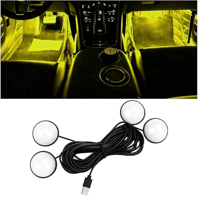 Car Interior LED Lights, 4 in 1 USB Port Automotive Ambient Neon Light Kit, Vehicle Center Console Dashboard Strip Lamps Decoration Accessories, Universal for SUV Truck Sedan (Yellow)