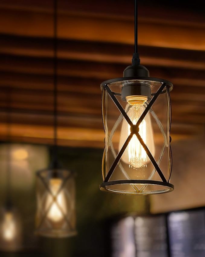 Glass Pendant Lights Kitchen Island 2 Pack, Black Mini Pendant Light with Clear Glass, Farmhouse Industrial Cage Hanging Lighting for Kitchen Sink Dining Room Bathroom, CH9176-1-2PK