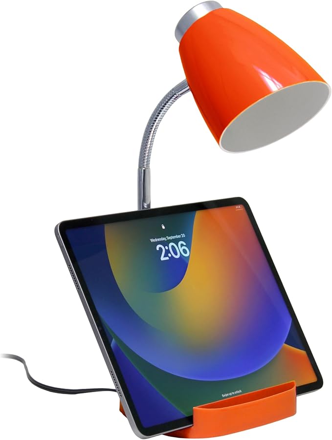 Simple Designs LD1002-ORG Gooseneck Organizer Desk Lamp with iPad Tablet Stand Book Holder, Orange