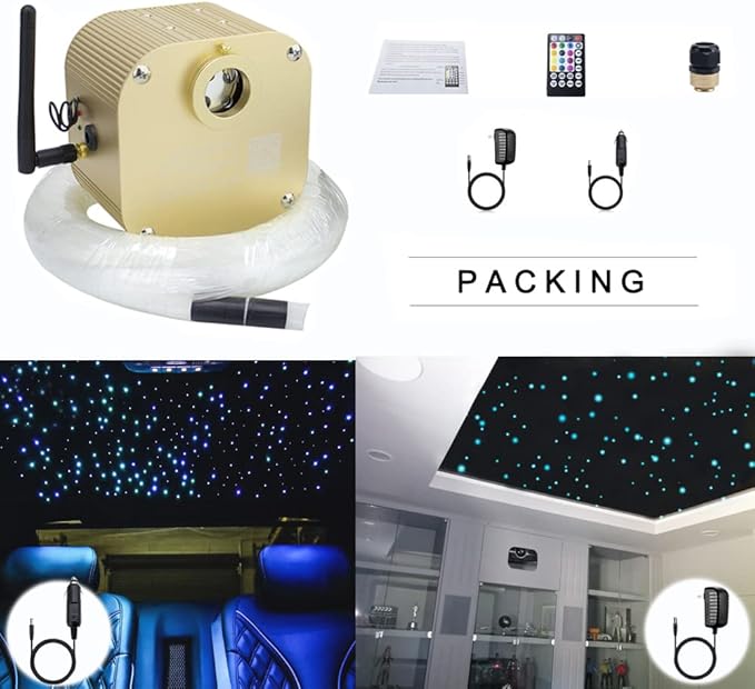 AZIMOM Bluetooth Control 16W Twinkle Fiber Optic Lights Star Ceiling Lighting Kits Mixed 430pcs 9.8ft Fiber Strands Remote RGBW Sound Activated Light Engine Car Home Indoor Ceiling Lighting Décor