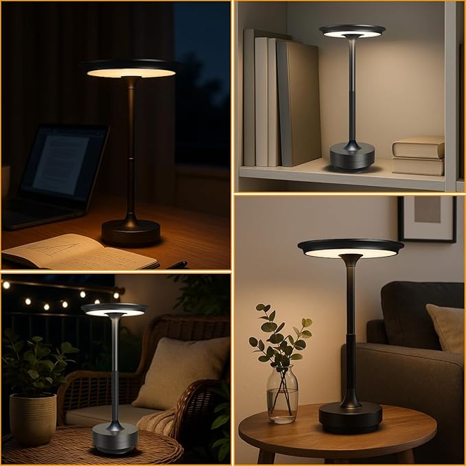 Ecolume Cordless Table Lamp,LED Portable Battery Operated Lamp, Dimmable Stepless 3-Color LED with Memory Function. Portable for Home Office/Dinner/Restaurant/Living Room.(Black)