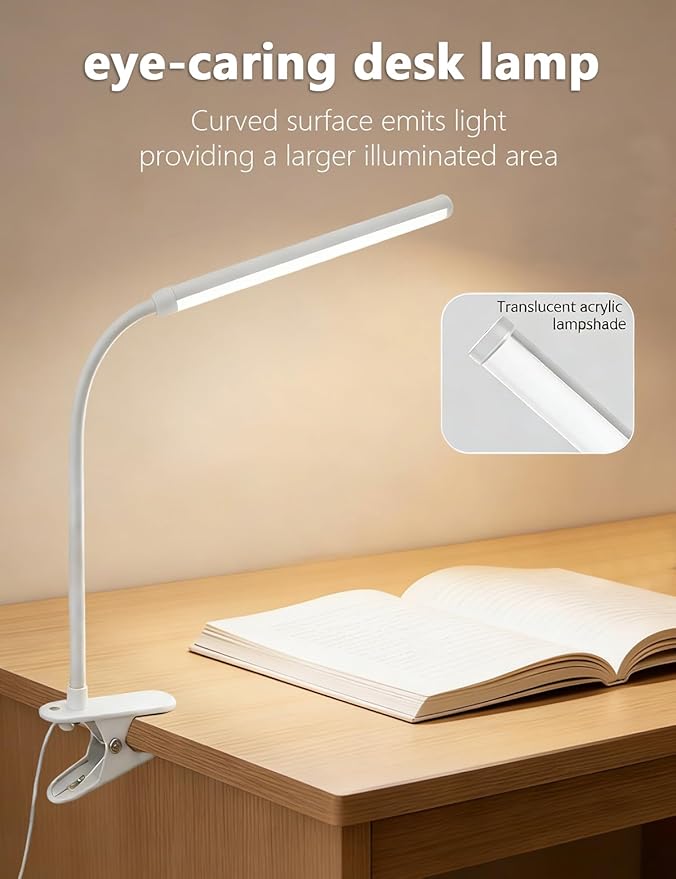 White 2 Pack LED Clip On Desk Lamp,Dimmable Clip On Reading Light with Flexible Neck,Curved Monitor Light Bar for Computer,Eye-Protection Bedside Lamp for Office Home Study Desk Accessories