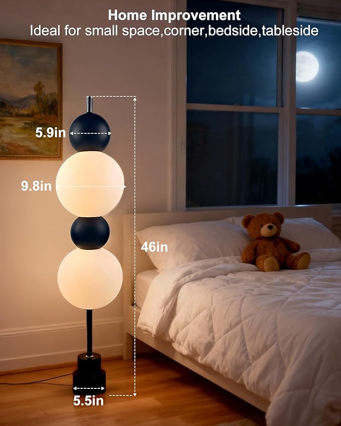 Globe Floor Lamp - Black Metal with White Globe Tower, 3000K Dimmable LED, Touch Switch, Modern Tall Standing Lamp for Bedroom, Living Room, Home Office