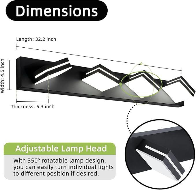 OKELI 4-Light Bathroom Vanity Light Black Modern LED Vanity Light Over Mirror Dimmable Mirror Front Lamp with 350° Adjustable Lamp Head ETL Listed 32W 6000K Cold White
