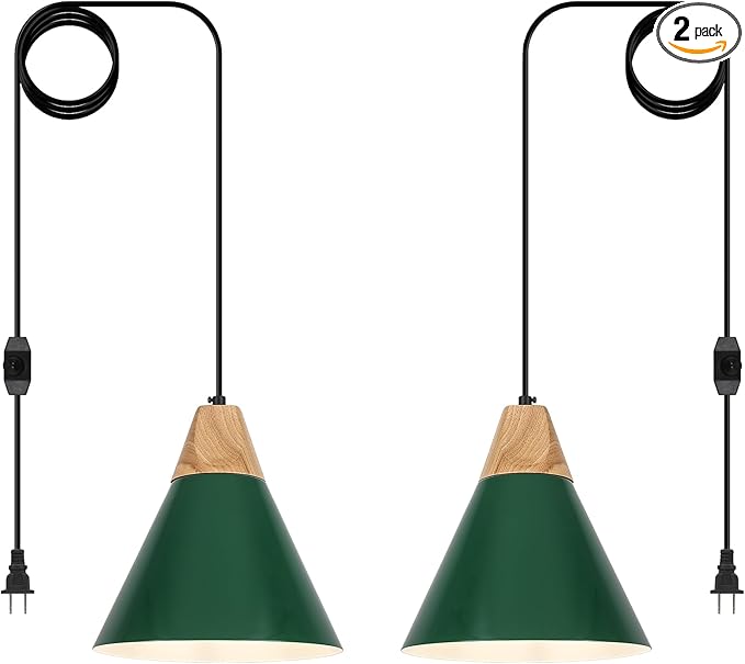 Green Plug in Pendant Light, 2 Pack 9.4inch Hanging Lights with Plug in Cord 14.7 ft, Hanging Pendant Light, Hanging Lamp Plug in for Bedroom Living Room Kitchen Island