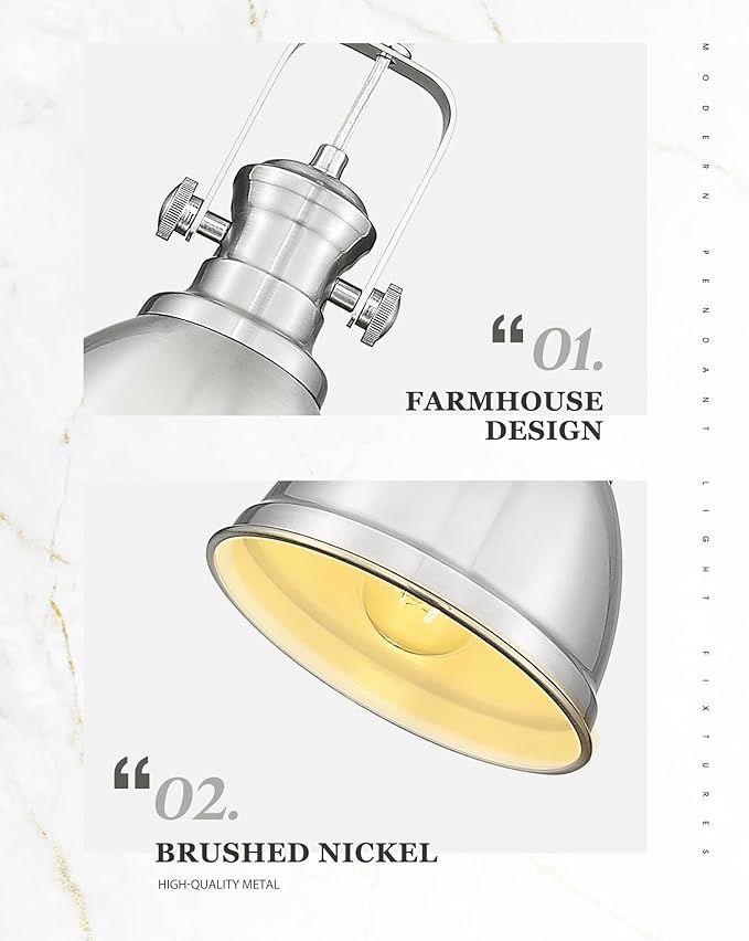 2 Pack Pendant Lights Kitchen Island, Farmhouse Hanging Lights Fixtures with Metal Shade, Rustic Kitchen Pendant Lighting Over Island for Dining Room, Brushed Nickel, AD-2151-1P2-SN