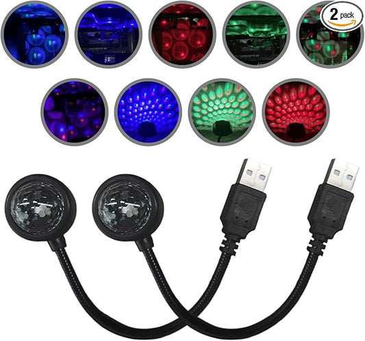 USB Car Roof Star Projector Night Light, Adjustable Car Interior Atmosphere Lamp Star Lights with 9 Modes, Portable Sound Activated LED Ambient Light for Car Decoration, Bedroom, Ceiling, Party (2PCS)