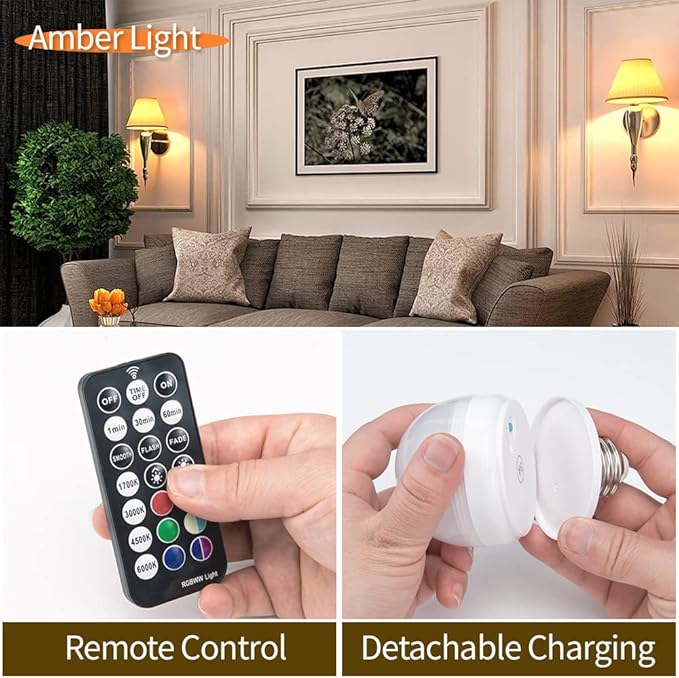BLUEYE E12 Rechargeable Light Bulb,2Packs,300LM,40W Equivalent,Detachable Charging,4 Color Temperature,Remote Control Puck Emergency Lamp,Timer,Dimmer,for Non-Hardwired