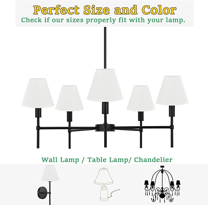 3" Top x 6" Bottom x 5" High Chandelier Shades, White 3.0x6.0x5.0 Inches Linen Fabric Lampshades, Perfect Covers for 6 Light Pendant Light or Wall Sconce, Clip On Bulb, E12 Socket(Small Size, 6 Pack)