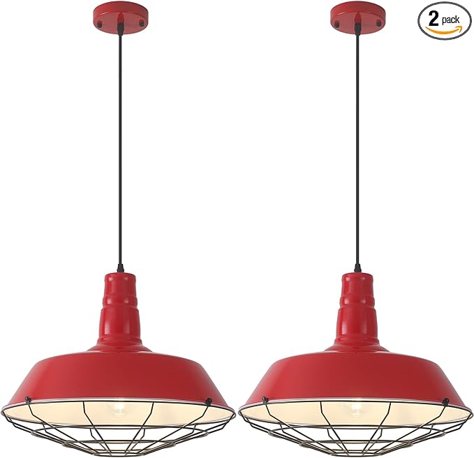 Red Large Pendant Lights Kitchen Island, 18.1 Inch Farmhouse Pendant Light, Industrial Pendant Light with Wire Cage, Kitchen Cage Light 2 Pack, Island Pendant Lights for Kitchen Dining Room