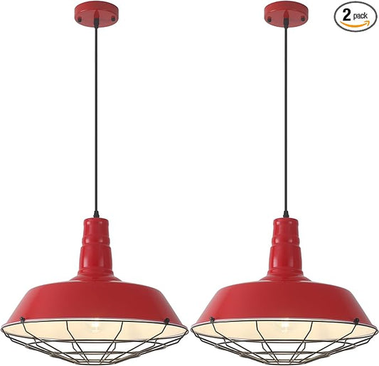 Red Large Pendant Lights Kitchen Island, 18.1 Inch Farmhouse Pendant Light, Industrial Pendant Light with Wire Cage, Kitchen Cage Light 2 Pack, Island Pendant Lights for Kitchen Dining Room