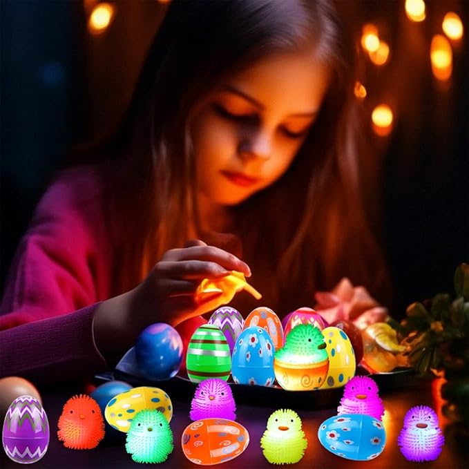 JOICEE 24 Pack Easter Eggs Filled LED Chick Duck Puffer Balls,Light Up Glowing Stress Relief Fidget Squeeze Sensory Soft Ball for Kids Easter Basket Stuffers Easter Eggs Hunt Gifts Party Favors