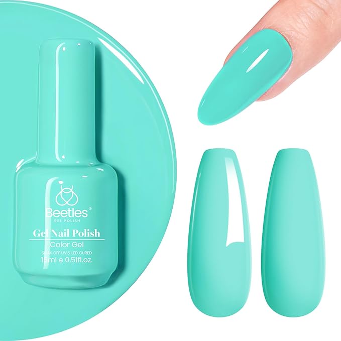 Beetles Teal Gel Nail Polish - Cascade Green 15ML/0.51Fl Oz, Teal Neon Gel Polish, Soak Off UV LED Spring Nails Art Design Manicure Salon DIY Home Neon Nails - Gifts for Women