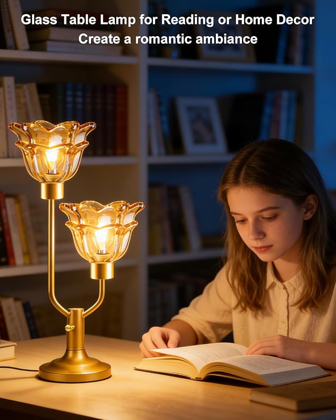 Lightdot Mid Century Modern Flower Table Lamp Gold Dimmable U-Shaped Brown Glass Desk Lamps with 2Pcs 3000K Warmwhite Bulbs Included Bedside Nightstand Lamp for Living Room Bedroom