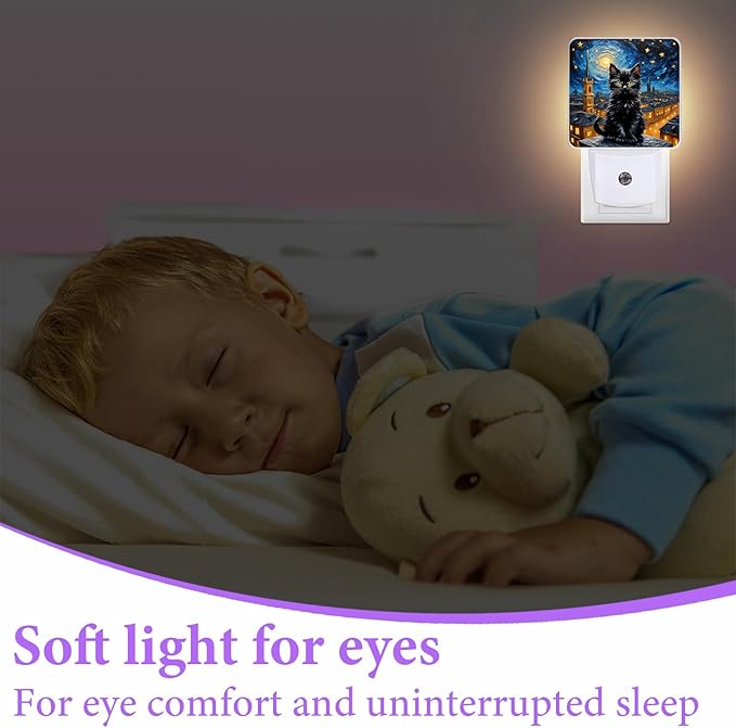 Black Cat Night Light,Starry Night Plug-in NightLights with Dusk-to-Dawn Sensor for Bedroom,Bathroom and Living Room Sleep Friendly lamp 0.5w