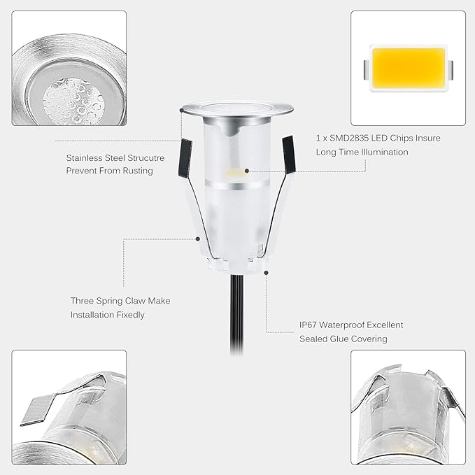 Φ0.7 Tiny LED Deck Lighting Kit, 0.4W Low Voltage Decking Stairs Light Stainless Steel Waterproof Recessed Wood Garden Yard Patio Decor Lamp Outdoor LED Lighting, 7Lm Cool White Pack of 30