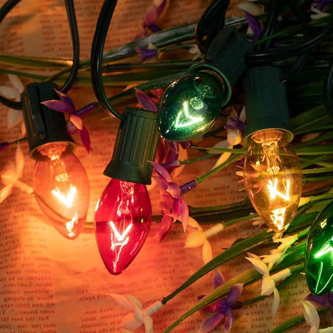 25 Pack C7 Replacement Christmas Light Bulbs, 5 Watt Multicolor Glass Bulbs for E12 Candelabra Base, Clear Incandescent Christmas Bulbs, UL Listed Indoor Outdoor Holiday String Light Replacements