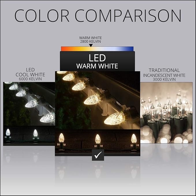 25 C7 Opticore Commercial Warm White Christmas Lights - Outdoor LED Heavy Duty Bulbs for Patio, Party, Holiday, Bedroom on SPT1 18 Gauge Green Wire (25 ft)