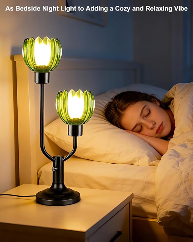 Lightdot Mid Century Modern Glass Table Lamp Black Dimmable U-Shaped Desk Lamps with Green Lotus Glass Shade& 2Pcs 3000K Warmwhite Bulbs Included Bedside Nightstand Lamp for Living Room Bedroom