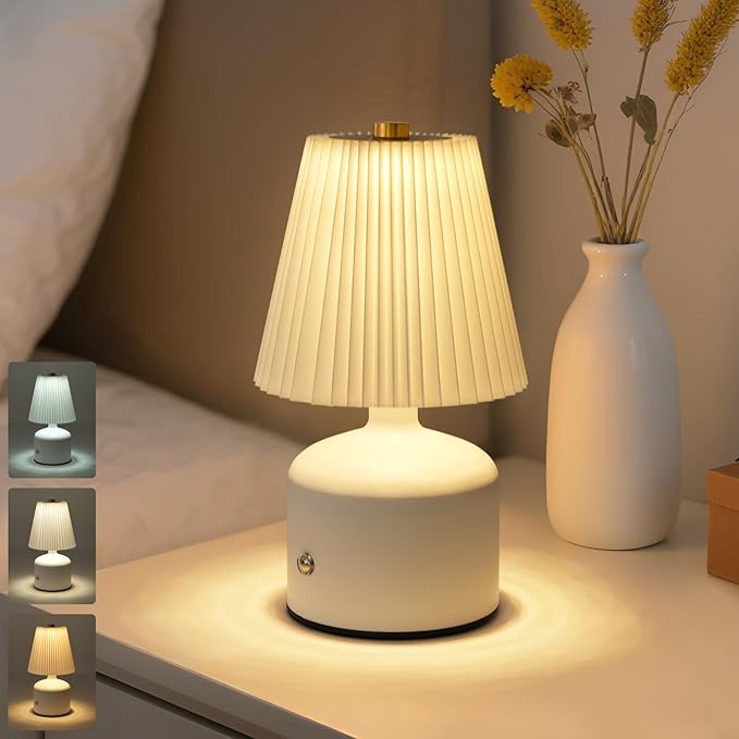 Small Cordless Table Lamp Rechargeable Desk Lamp, 3 Color Stepless Dimming, Metal Base Pleated Table Lamp for Bedside, Bedroom, Dining Room, Living Room (White)