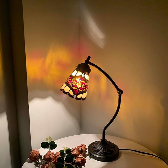 Bieye L10870 Tiffany Style Stained Glass Table Lamp Night Light with Swing Arm Base for Working Reading Home Decoration (Baroque Red)