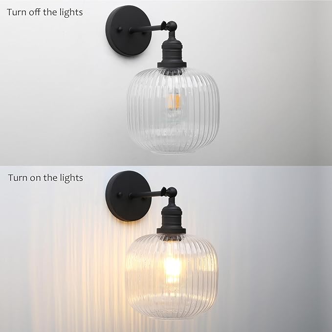 Pathson Modern Wall Sconce Lamp Clear Striped Round Glass, Hardwired Vintage Wall Vanity Light Fixture for Farmhouse Living Room Bedroom Bathroom Loft