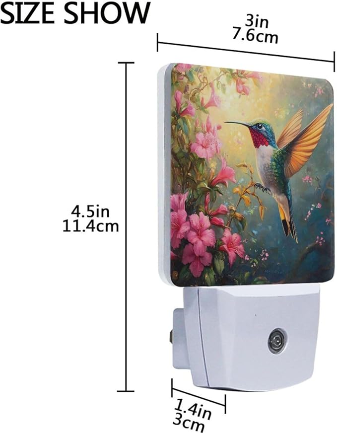 Spring Hummingbird Flowers Night Light 2 Pack Dusk to Dawn Sensor Led Lamp for Women Men Night Lights Plug into Wall Decor for Bedroom Kitchen Corridor, 0.5W