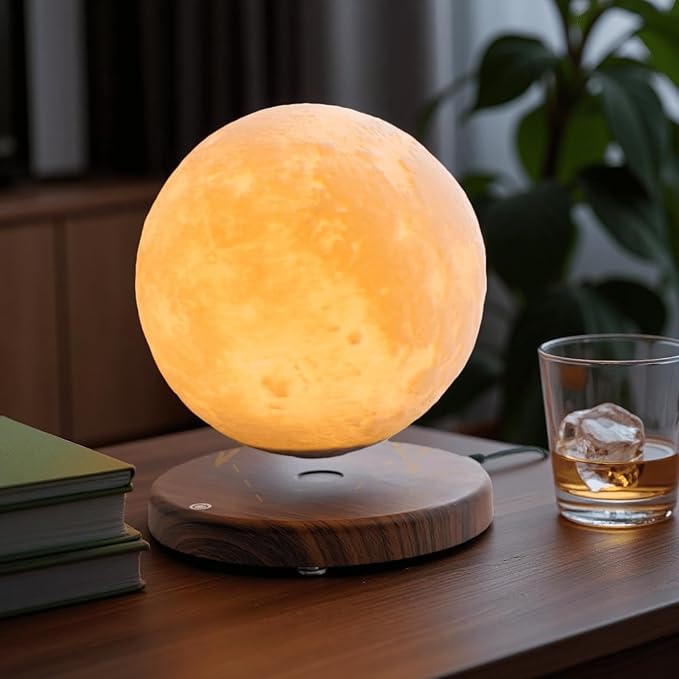 NOBRAND Magnetic Levitating Moon Lamp with LED Light, Floating Moon Desk Lamp with Wooden Base, Decorative Night Light for Home Office Bedroom, White