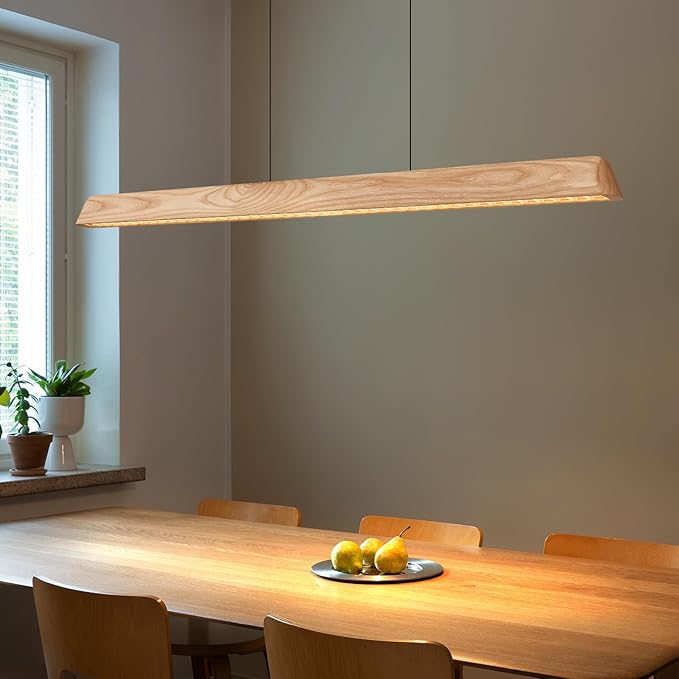 Wood Linear Pendant Light, Dimmable Kitchen Island Lighting with Remote, 30W LED Island Lights for Kitchen, Adjustable Linear Chandelier for Dinning Room Light Fixture (Natural Ash, 45in)