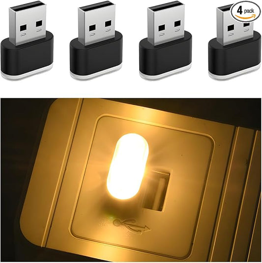 4PCS USB LED Car Interior Atmosphere Lamp, Portable Plug-in Mini Vehicle Night Light, Automotive Trunk Ambient Lighting Decoration Kit, Universal for SUV Sedan Truck (Warm)