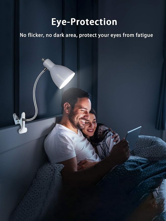 Desk lamp Eye-Caring Table Lamps, 360°Rotation Gooseneck Clip on Lamp Reading Light Portable Reading Book Light Clamp Study Desk Lamps for Bedroom and Office Home Lighting (White)