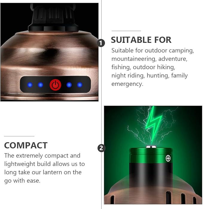 Rechargeable LED Camping Lantern Portable Retro Brass Outdoor Tent Light Super Bright Battery-Powered Lamp for Hiking and Backyard BBQ