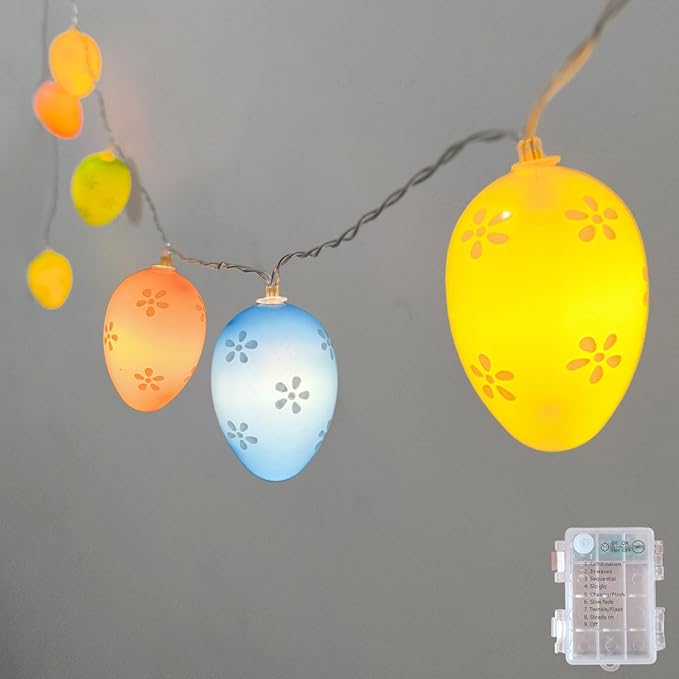 Easter String Lights Battery Operated 7Ft 10 LED Colorful Egg Shape Lights with Timer, 8 Lighting Modes Pastel Easter Light for Indoor Outdoor Tree Mantels Garden Home Spring Themed Party Decor