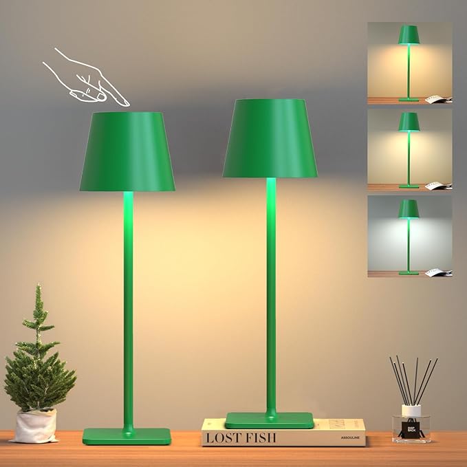 2 Pack Cordless Table Lamp: 6000mAh Battery Operated Touch Lamp Outdoor Table Lights, 3 Color Stepless Dimming, Waterproof Wireless Portable Desk Lamp for Indoor Table Living Room Camping Cafe(Green)