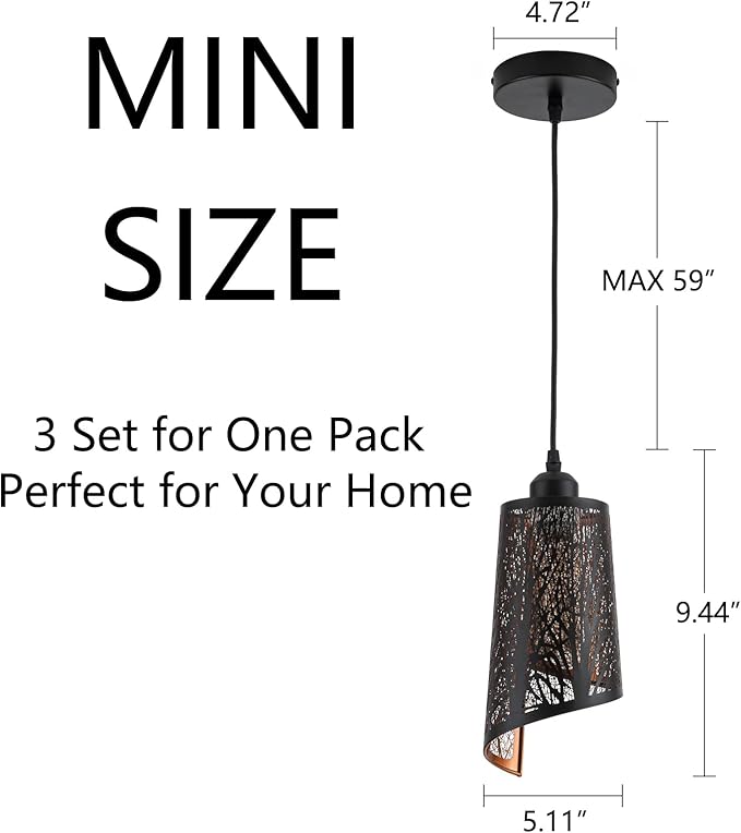 Industrial Black Pendant Light Fixture Vintage Mini Black Pendant Lighting with Gold Finish Rustic Hollow-Carved Small Pendant Light for Kitchen Island, Dining Room, Bedroom, 3 Pack