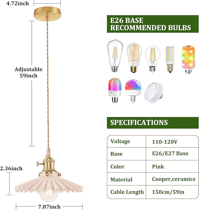 Pendant Light with Pink Pleated Ceramic Lmapshade, Brass Vintage Pendant Light Adjustable Hanging Light for Kitchen Island Dining Room Hallway