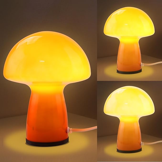 Mushroom lamp,Dimmable Glass Table Lamp,Vintage Style Table Lamp,Red Bedside Desk lamp,Cute Table Lamps.（3-Color Bulbs Included）